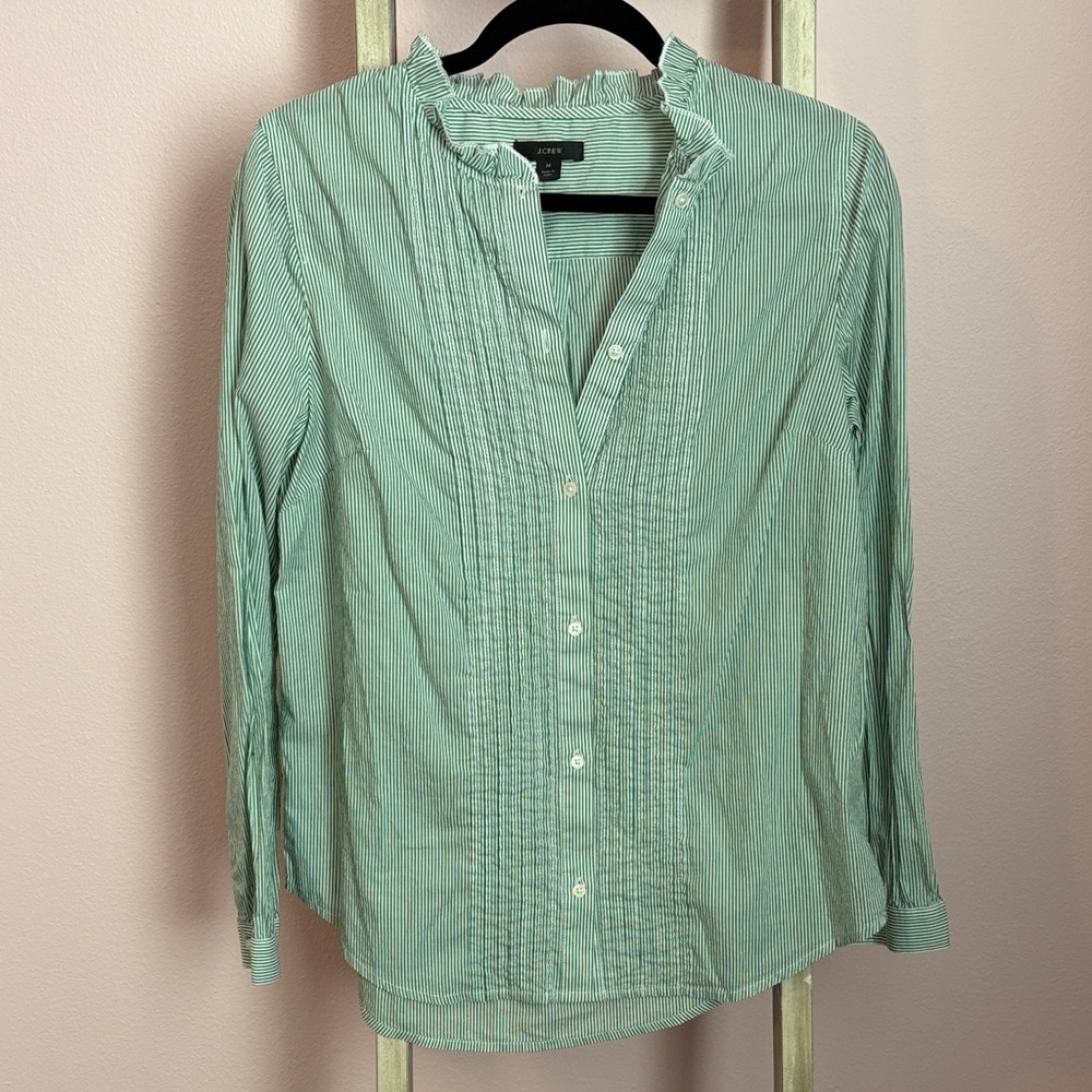 J. Crew Green Striped Button Up with Ruffles